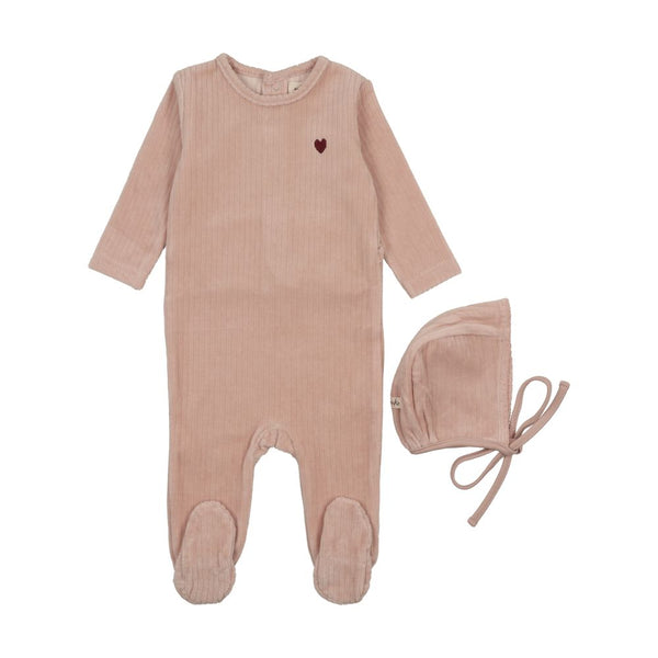 MEMA KNITS <BR> Ribbed Velour Embroidered Footie & Bonnet
