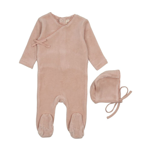 MEMA KNITS <BR> Velour Mock Wrap Footie & Bonnet
