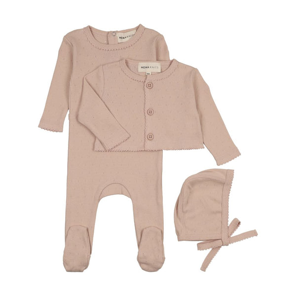 MEMA KNITS <BR> Pointelle Footie Cardigan Set & Bonnet