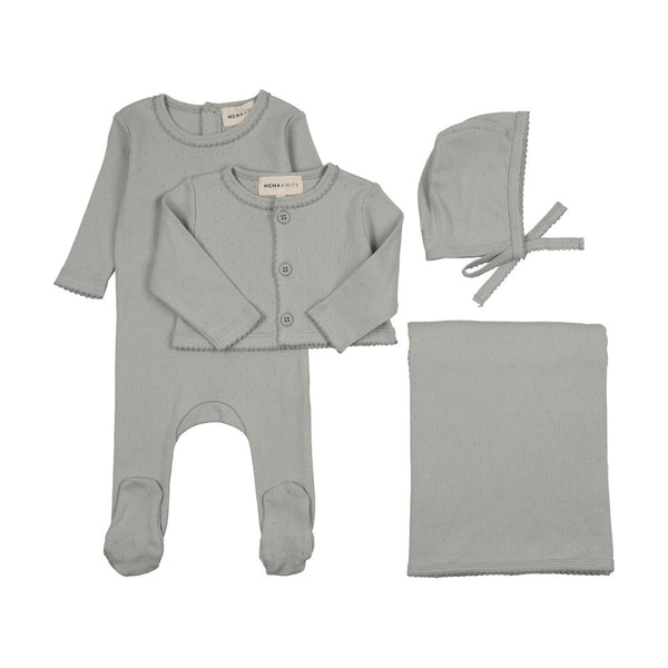 MEMA KNITS <BR> Pointelle Footie Cardigan 4PC Set