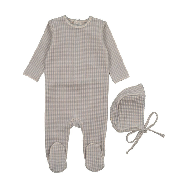 MEMA KNITS <BR> Velour Gingham Footie & Bonnet