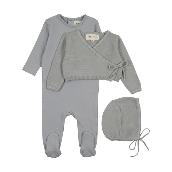 MEMA KNITS <BR> Embroidered Edge Knit Sweater, Base Footie & Bonnet