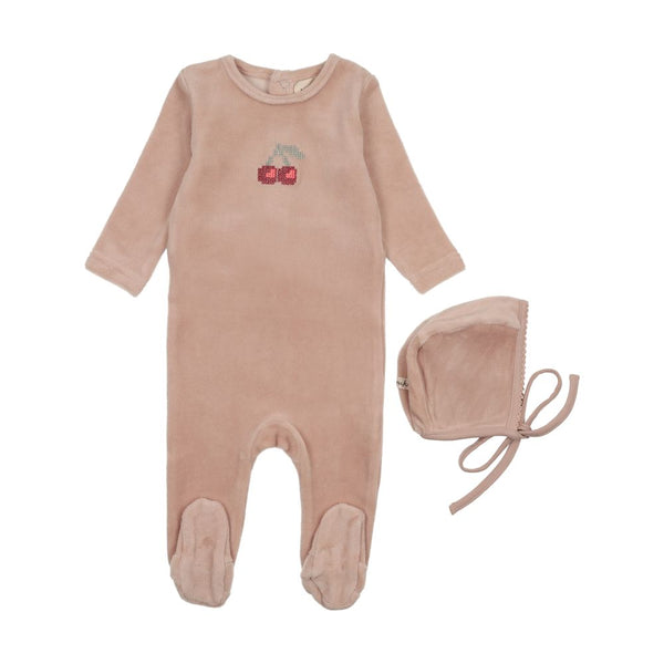 MEMA KNITS <BR> Velour Embroidered Cherry Footie & Bonnet