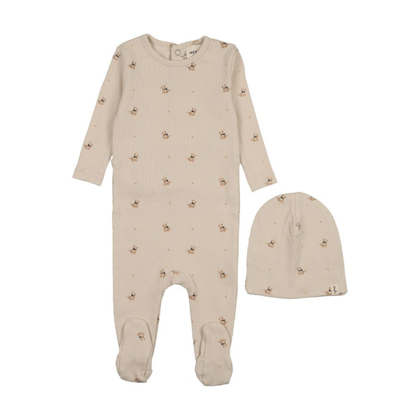 MEMA KNITS <BR> Teddy Bear Print Footie & Beanie