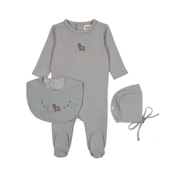 MEMA KNITS <BR> Embroidered Duck Footie, Bonnet & Bib