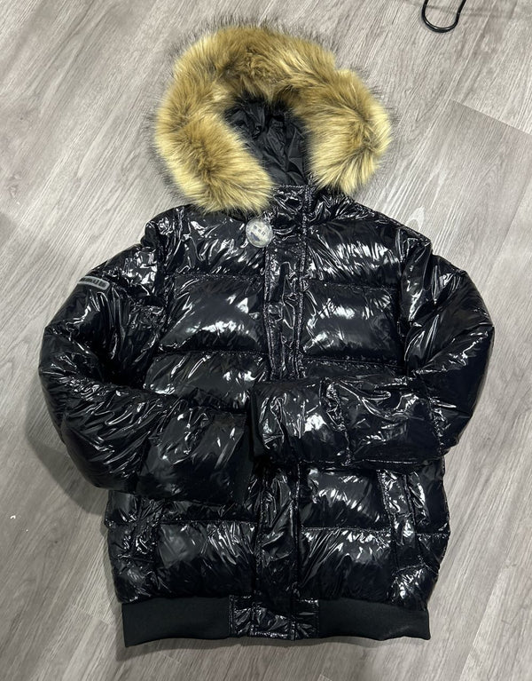 Shiny Black Puffer Coat with Fur